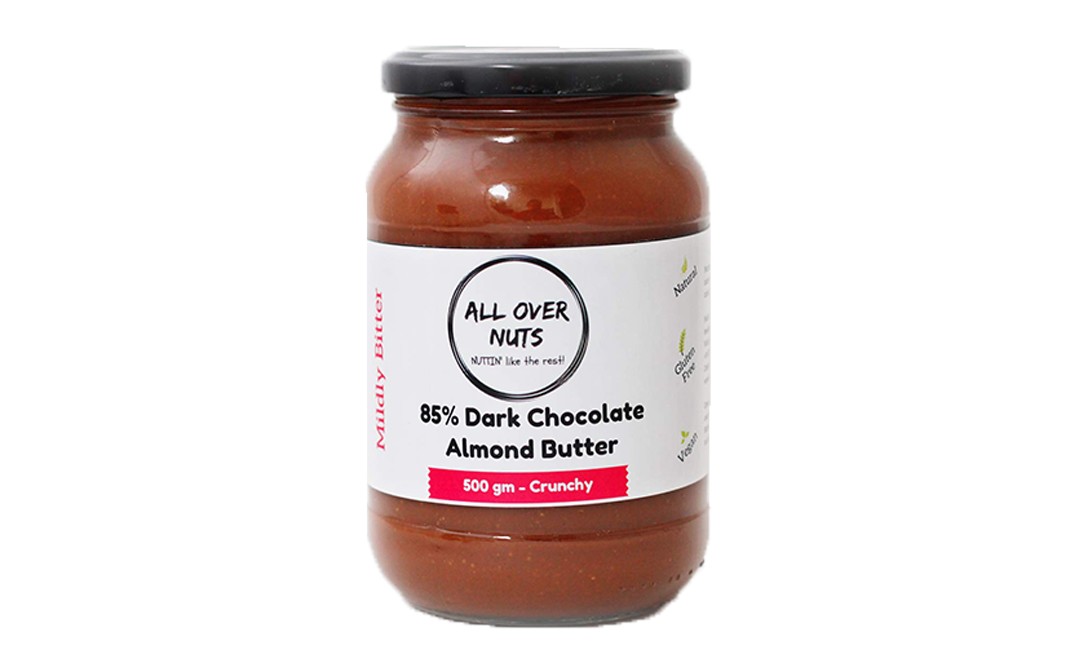 All Over Nuts 85% Dark Chocolate Almond Butter Crunchy   Glass Jar  500 grams